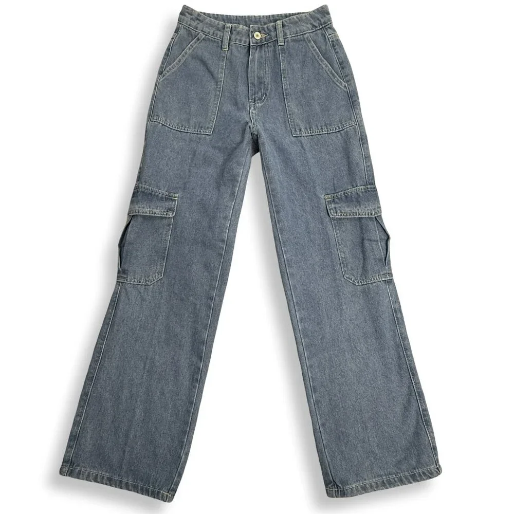 Y2K Cargo‎ Jeans Womens Small 26x28 Blue Relaxed Straight Leg High Rise Utility